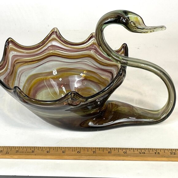 Murano VTG Sonner Swirl of colors Style Hand Blown Art Glass Swan Bowl Dish. - Picture 7 of 9